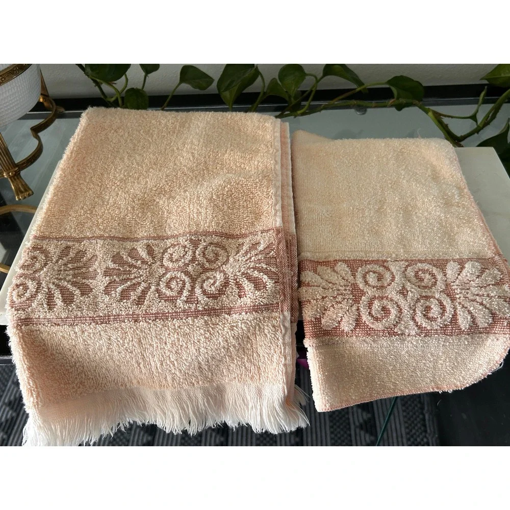 Vintage Cannon Peach/Coral Hand Towel Washcloth Set Floral Jacquard Fringe USA